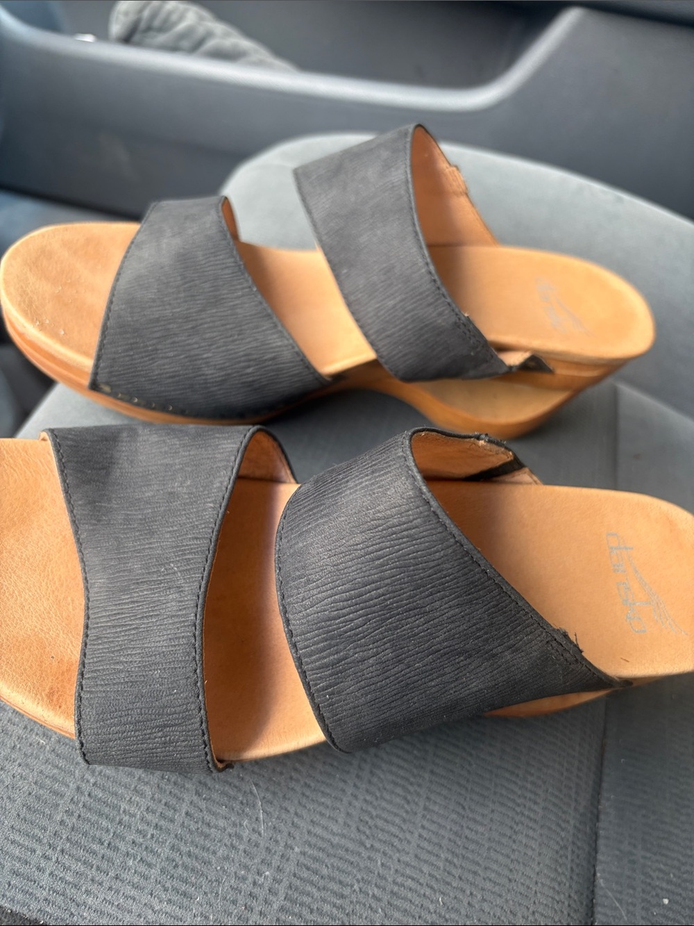 Dansko Black Double Strap Slide Mules with Tan Footbed